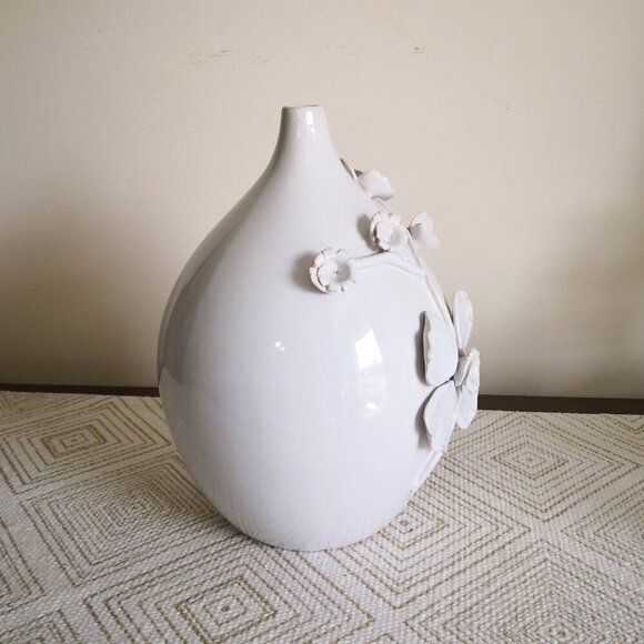 Pier 1 Embossed Floral Ceramic Vase White 6" Dia. 11" H - Picture 2 of 4